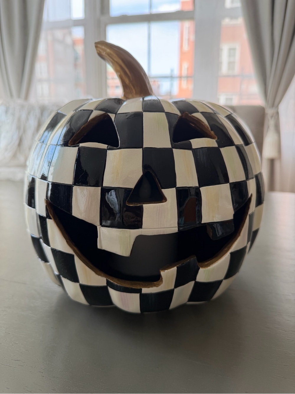 Mackenzie Childs Jack O Lantern Light Up Courtly Check Pumpkin